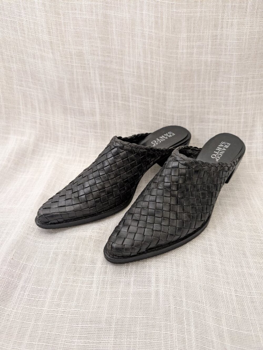 Franco Sarto Black Toba Mule Leather Shoes with Woven Design - Size 7.5